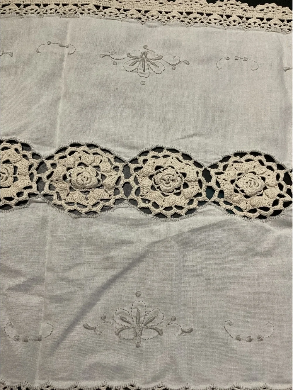 Vintage Handmade Crochet and Embroidered Table Runner